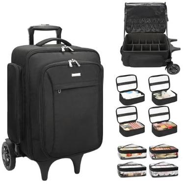 Imagem de Relavel Estojo de maquiagem com 4 bolsas de maquiagem extra transparentes, organizador de maquiagem grande com 2 rodas grandes, mochila profissional de maquiagem com divisórias ajustáveis para