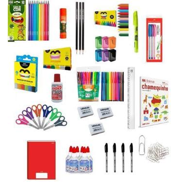 Imagem de Material Escolar Barato Completo KIT 32 Itens Lápis Giz Cola - Pride