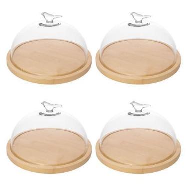 Imagem de Kit 4 Porta Queijos de Bambu com Cúpula Vidro Queijeira Bird Tábua Fri
