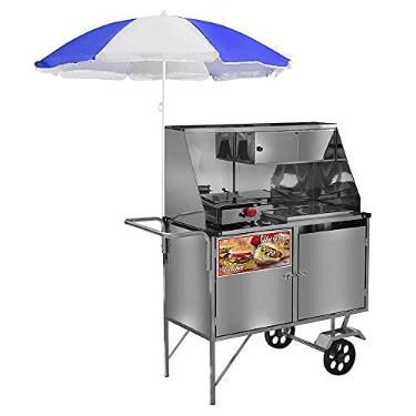 Imagem de Carrinho Hot Dog Cachorro Quente E Lanches Luxo Em Inox, Rodas Maciças, Chapa E Guarda Sol Com 4 Molheiras - L09m/gs