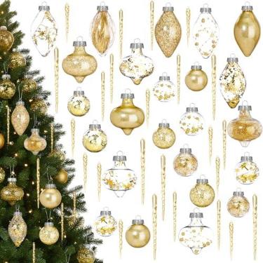 Imagem de Bucherry Conjunto de 48 peças de enfeites de gelo de bola de Natal dourada de plástico transparente à prova de estilhaçamento, decoração de bola de árvore de Natal brilhante de plástico com glitter