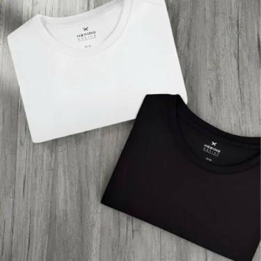 Imagem de Kit Com 2 Camisetas Masculinas Básicas Preto Branco Hering, XG, Preto