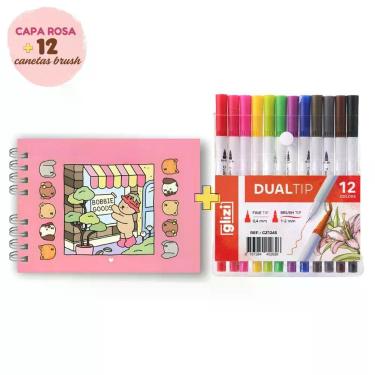 Imagem de Caneta para Lettering OEM Dual Tip Brush Pen com 2 Pontas Flexível e Fineliner Kit Caderno Rosa com 12 Cores Rosa