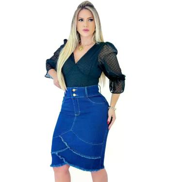 Imagem de Saia Jeans Feminina Com Babado Cintura Alta Evangélica Midi Com Estilo