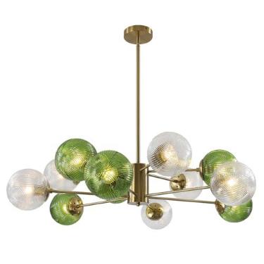Imagem de Lustre de vidro com 12 lâmpadas em formato de bola de bolhas, luminária pendente de vidro verde, luminária de teto embutida com globo grande, lustre Sputnik dourado em latão escovado, luminá