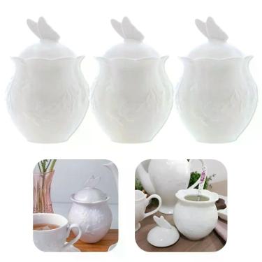Imagem de Kit 3 Açucareiro de Porcelana New Bone Butterfly Flower com Tampa 300g Borboletas e Flores Branco Lyor
