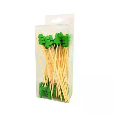 Imagem de Palitos para Petisco Magizi Decorado com Tema de Árvore de Natal Bambu Ecológico 12CM 50 Unidades Amadeirado Yangzi