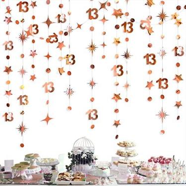 Imagem de Decorações de aniversário de 13 anos de ouro rosa, número 13, círculo, guirlanda cintilante, faixa metálica pendurada, faixa de fundo para meninas de 13 anos, aniversário de treze anos, artigos
