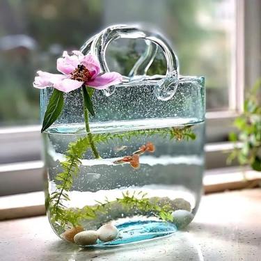 Imagem de Vaso de vidro, vaso de flores em forma de bolsa com alça, vasos de vidro transparente para decoração de casa, casamentos, eventos, escritório ou mesa de centro de mesa (azul)