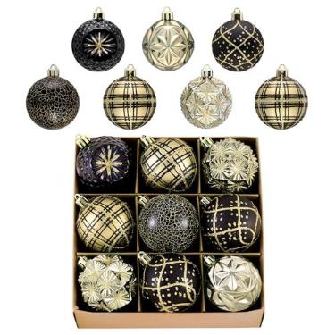 Imagem de Valery Madelyn Ornamentos para árvores de Natal, decoração de árvore de Natal inquebrável preta e dourada de 9 quilates, enfeites de bola pendurados de luxo para decoração de festa de Natal