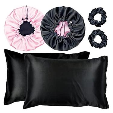 Imagem de Kit 2 Fronha De Cetim Seda + 2 Toucas + 2 Xuxinhas (Preto/Rosa)