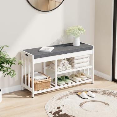 Imagem de bambooflow Sapateira com almofada, banco de sapatos de 2 camadas com armazenamento flip-top, sapateira de madeira para entrada, corredor, quarto, entrada da porta da frente (branco)
