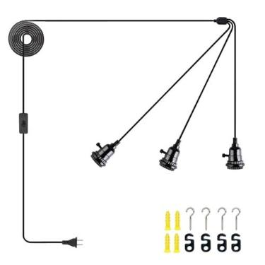 Imagem de DITEDY Kit de luz pendente com plugue de 3 luzes, luzes suspensas com cabo de plugue de 5,8 m, cabo de lâmpada pendurada com interruptor liga/desliga, luminária pendente preta vintage faça você mesmo