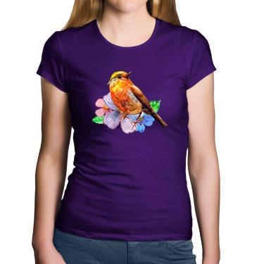 Imagem de Baby Look Algodão Pássaro e Flores - Foca na Moda, Roxo, P