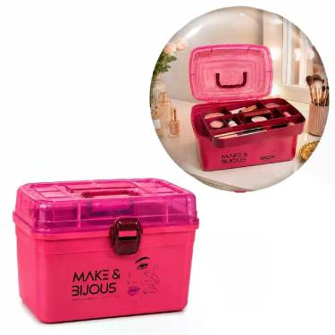 Imagem de Frasqueira Organizadora Maquiagem com Bandeja Removível Plástico Resistente Multiuso para Viagem e Banheiro Rosa