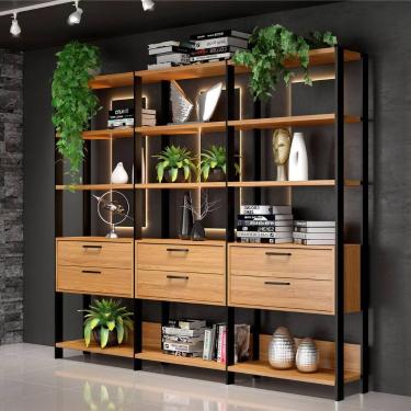 Imagem de Kit 3 Estantes com Gaveteiro 73x185cm Freijó Preto Fosco Pradel - Prad