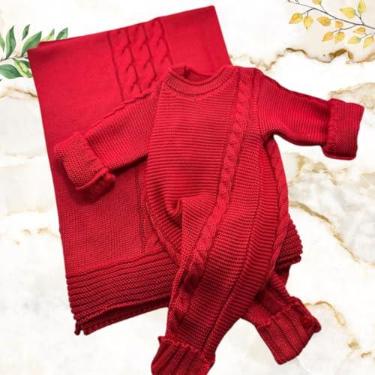 Imagem de SAIDA MATERNIDADE 2 PÇS DE TRICOT LUXO MACACÃO E MANTA MENINO E MENINA RAFA TRANÇA (Vermelho)