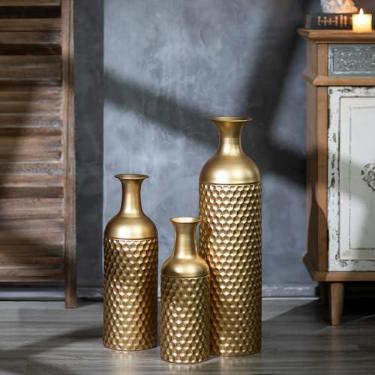 Imagem de Sziqiqi Vaso alto dourado: vaso grande de metal de 68,5 cm decorativo alto - conjunto de 3 vasos grandes de textura de favo de mel modernos para sala de estar, sala de jantar, quarto, casa, canto,