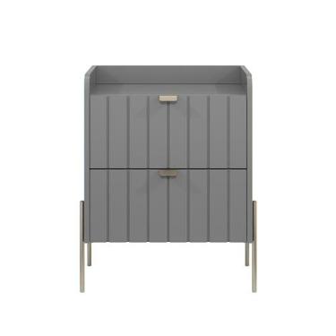 Imagem de mesa lateral de cabeceira com gaveta para quarto casal moriah 45cm cinza com pé de ferro champagne