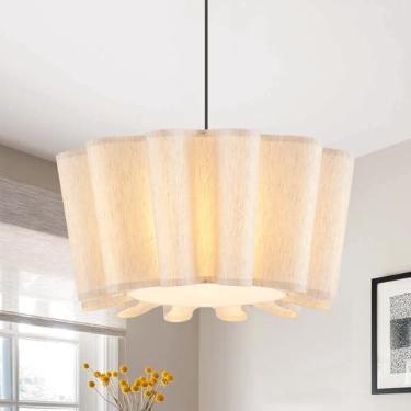 Imagem de VILUXY Luminária pendente de tecido moderno 60 cm com abajur de flor de linho 3 luzes para sala de jantar luminária de teto suspenso para quarto cozinha sala de estar foyer
