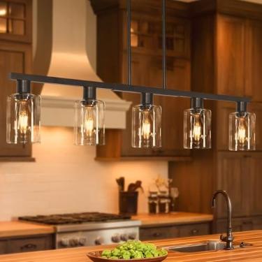 Imagem de DSMJFU Luminária De Ilha Cozinha Com 5 Luzes, Preta Para Sala Jantar Sobre A Mesa, Luminárias Pendentes Lineares Estilo Fazenda Cúpula Vidro, Lustres Pia Piscina, Bar, Altura Ajustável