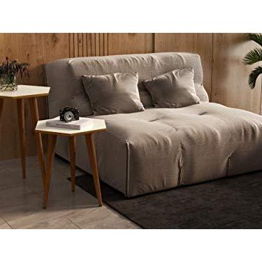 Imagem de Kit 2 mesas sala Retrô Pés Palito, lateral e apoio Blu cor off white com freijó - Comprar Móveis em Casa