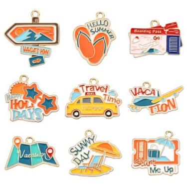 Imagem de LiQunSweet 18 peças, 9 estilos, pingentes esmaltados com tema de viagem, mapa de carro, avião, passagens aéreas, pingentes para joias DIY, colar, brinco, pulseira, artesanato, bolsa, chaveiro
