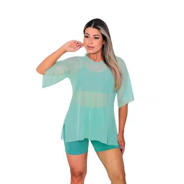 Imagem de Blusao Tule Feminina Manga Curta Fitness Academia Verde - Sunset Conce