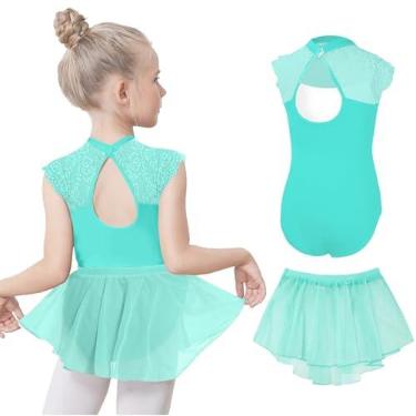 Imagem de Gogokids Collant de balé para meninas, collant de dança, vestido de dança de renda vazado nas costas com saia removível, combo de 3 a 12 anos, C-green (saia de puxar), 3-4 Anos