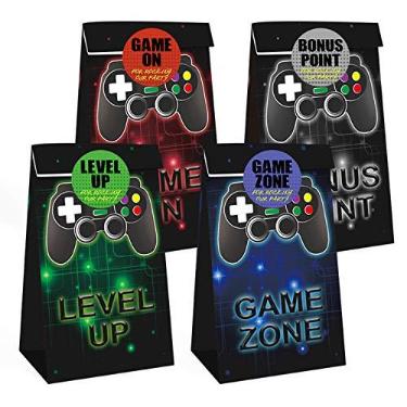 Imagem de 24 peças de sacos de doces de festa de videogame, 4 designs de sacolas de brinde para festa temática de aniversário infantil, suprimentos para lembrancinhas de festa com 24 adesivos