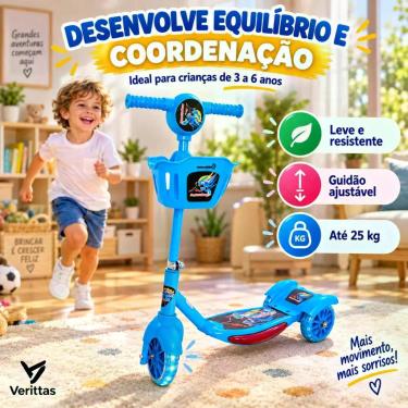 Imagem de Patinete Infantil 3 Rodas VERITTAS com Cesta Luzes LED e Som Estabilid