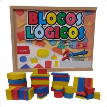Imagem de Blocos Lógicos 48 Peças em Madeira Brinquedo Educativo Pedagógico Infantil