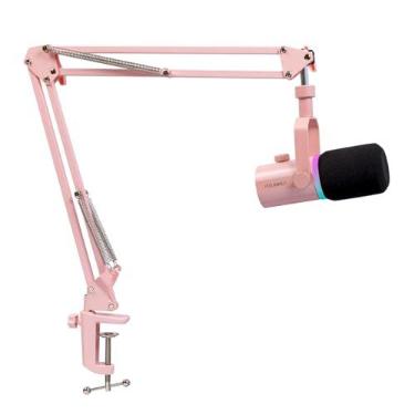 Imagem de FEELWORLD Microfone dinâmico USB XLR PM1 com suporte de braço boom para gravação de podcast, PC, computador, jogos, transmissão ao vivo, locução vocal, microfone de metal de estúdio, luz RGB, botão