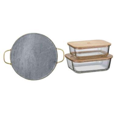 Imagem de Kit Pedra para Pizza de Pedra Sabão com Alças de Cobre + Potes Herméticos Refratários com Tampa de Bambu Electrolux
