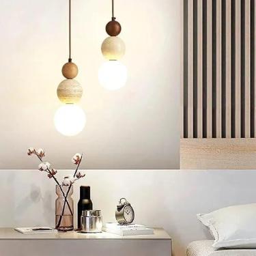 Imagem de Luminária pendente estilo creme para quarto, cabeceira, lustre LED, pedra e madeira, design Bauhaus medieval, para restaurante ou bar.