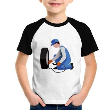 Imagem de Camiseta Raglan Infantil Borracharia - Foca na Moda, Branco, Preto, 10