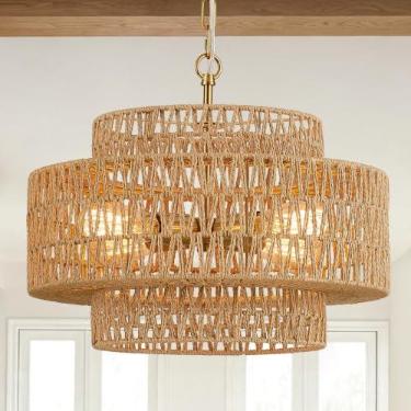 Imagem de Widluth Lustre De Vime Trançado À Mão Vintage 4 Luzes 17,7" Lustre De Bambu Estilo Boho De Fazenda Luminária Retrô Tambor De 3 Camadas Vime Vime Lustre Dourado Para Sala De Jantar, Ilha De Cozinha,