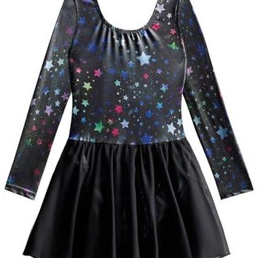 Imagem de EQSJIU Collant de balé de manga comprida com saia tutu para meninas, dança, ginástica, crianças, brilhante, floco de neve, vestido de festa infantil, Estrelas extravagantes, 2-3 Anos