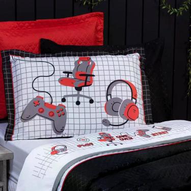 Imagem de Jogo De Cama Lençol Solteiro Game Streamer Branco/vermelho Com Fronha E Virol Estampados 03 Peças - Percal 200 Fios
