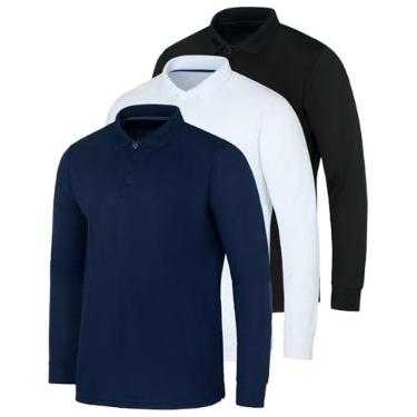 Imagem de Real Essentials Pacote com 3 camisetas polo masculinas de manga comprida e ajuste seco para golfe (disponível em tamanhos grandes e altos), Conjunto 3, 3X