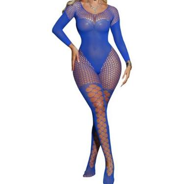 Imagem de FRENZCOY Body feminino arrastão sexy, macacão de renda de malha, body de malha de tamanho único para mulheres, Azul, Tamanho Único