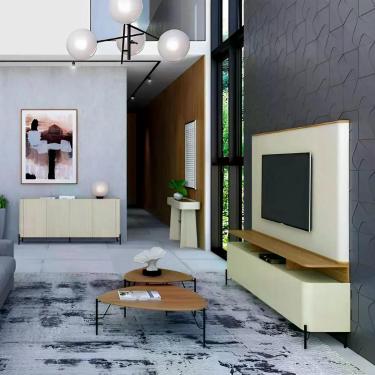 Imagem de Conjunto para Sala de Estar com Rack Painel Aparador Buffet Mesas de Centro 8 Portas 2 Prateleiras MDF e Metal Louro