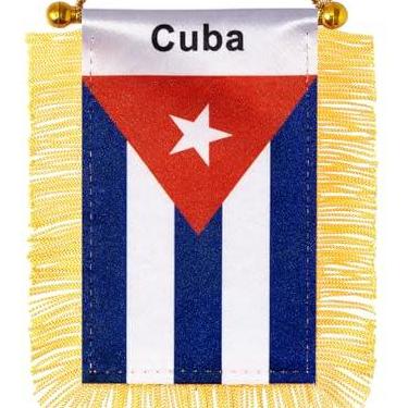Imagem de JBSJBS Bandeira suspensa de Cuba mini bandeiras de janela de carro cubano pequenas bandeiras de espelho retrovisor decoração bandeiras de Cuba com ventosa com franjas douradas dupla face 7,6 x 12,7 cm