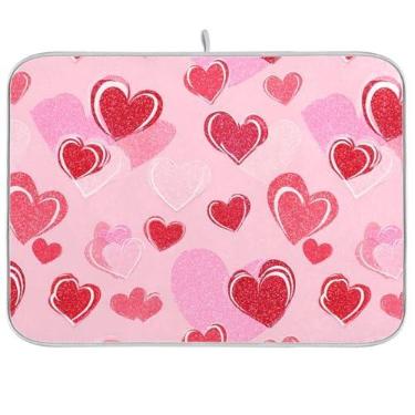 Imagem de Tapete de secagem de louças Happy Valentine's Day Hearts, 45,7 cm x 60,9 cm, estrelas, vermelho, rosa, glitter, coração, amor, louças, escorredor, tapetes, protetor de mesa para decoração de bancadas de cozinha e balcões