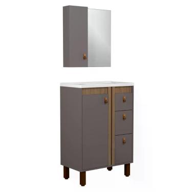 Imagem de Kit Gabinete E Espelho Para Banheiro Ariel 60 Cm Com Pé Havana/jequitibá