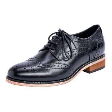 Imagem de Mona flying Sapato feminino de couro perfurado com cadarço Oxfords Brogue Wingtip Derby feminino, Tinta preta, 38