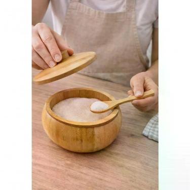 Imagem de Açucareiro de Bambu com Colher com Tampa e Abertura para Servir Açúcar em Mesa de Café Amadeirado Fratelli