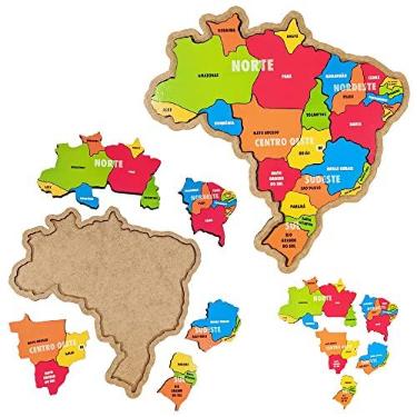 Imagem de Quebra Cabeça Mapa Do Brasil Infantil Madeira MDF 6 Peças Regiões - Maninho Brinquedos 3D