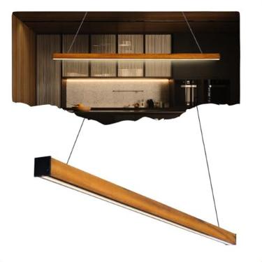 Imagem de Lustre Pendente Caibro Horizontal Madeira LED Quente Bivolt Iluminação Interior Estilo Moderno Elegante Sofisticado Versátil Decoração Sala Jantar Cozinha Escritório Área High Ticket (Base Central)
