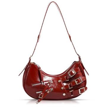 Imagem de Bolsa de ombro retrô para mulheres, bolsa de couro brilhante nas axilas, bolsa adequada para ocasiões importantes, trabalho, viagens (vermelha), Vermelho, One Size